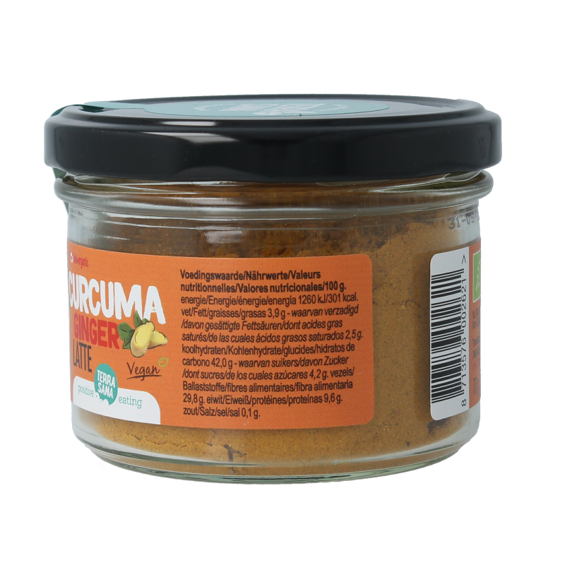 Organic TerraSana Latte Curcuma Ginger drink in a 70g package with turmeric and ginger ingredients, displayed in the image.