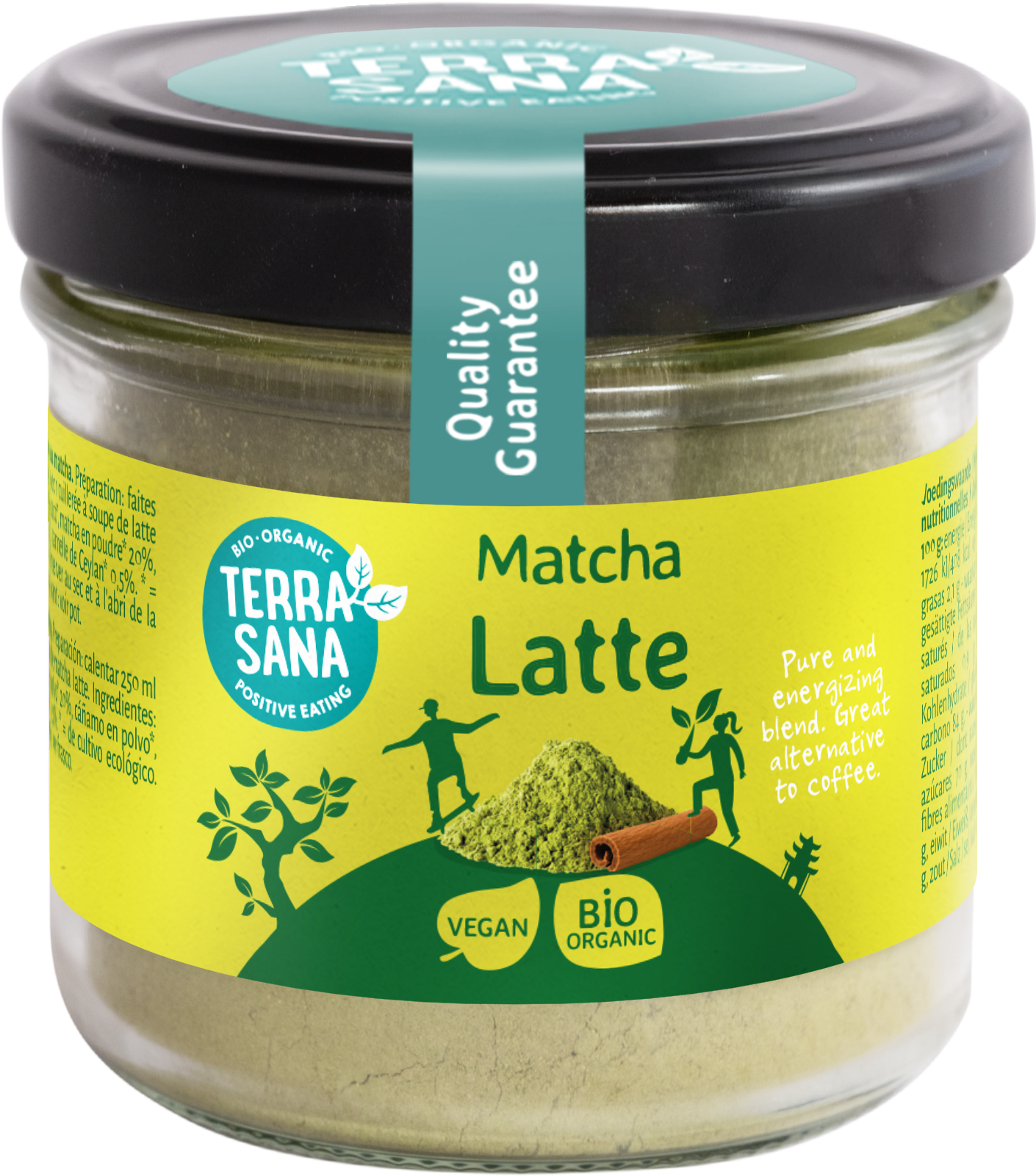TerraSana Matcha latte Gula Java bio in a 120g package, featuring green matcha powder and Gula Java flavor.