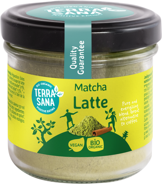 TerraSana Matcha latte Gula Java bio in a 120g package, featuring green matcha powder and Gula Java flavor.