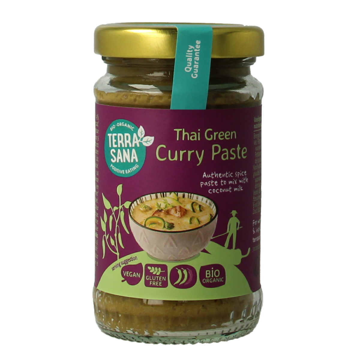 Organic TerraSana Thai green curry paste in a 120g package, ideal for making flavorful Thai-inspired pasta and rice dishes.