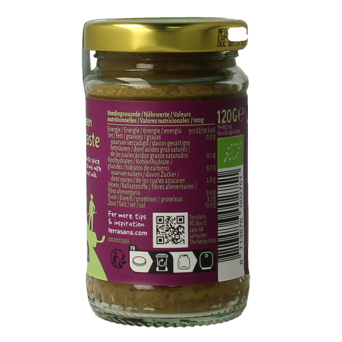 Organic TerraSana Thai green curry paste in a 120g jar, featuring vibrant green color and fresh herb ingredients.