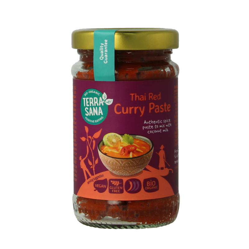 Organic TerraSana Thai red curry paste in 120g package, with vibrant red chili and spice ingredients visible in the image.