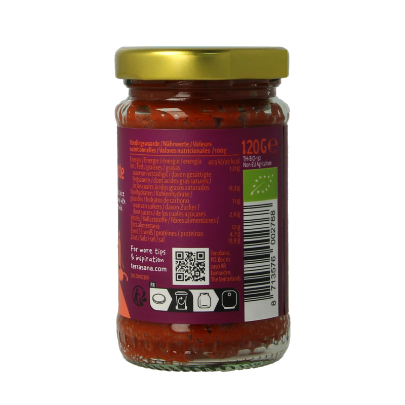 Organic TerraSana Thai red curry paste in a 120g jar, showcasing the vibrant red paste inside the pasta and rice product package.