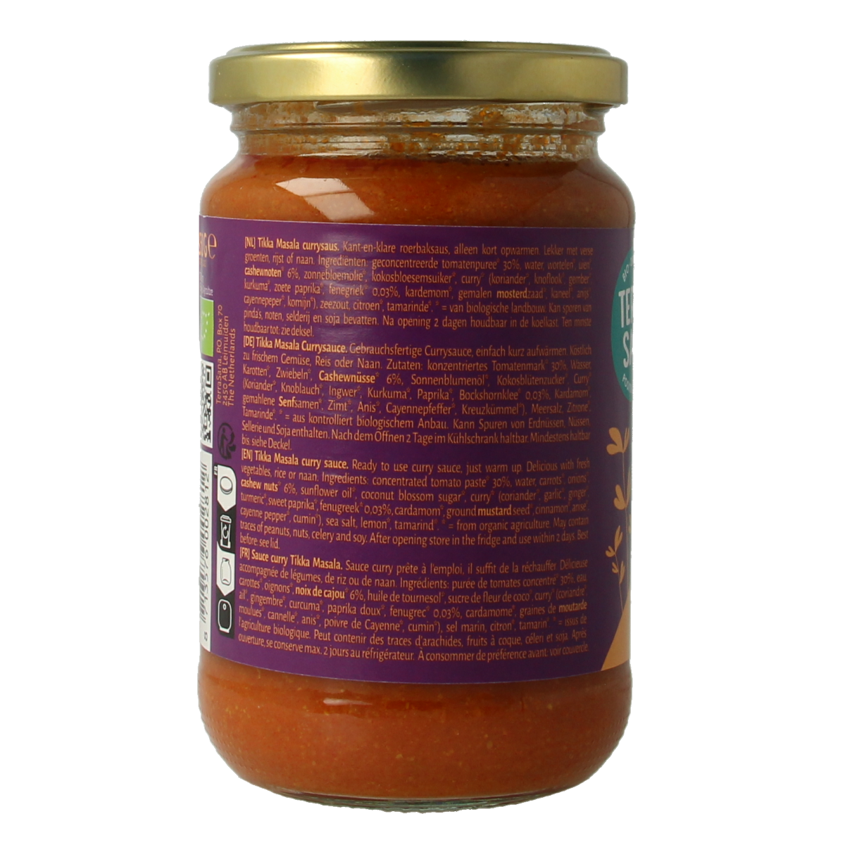 TerraSana Curry Saus Tikka Masala bio pasta and rice product, 350g, with packaging showing the label and ingredients.