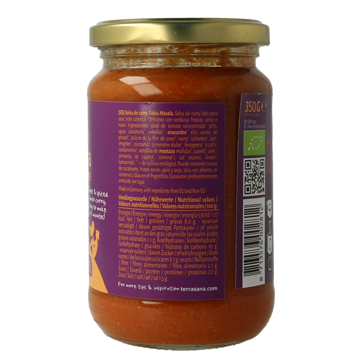 TerraSana Curry Saus Tikka Masala bio pasta and rice product, 350g, in a colorful package with ingredients visible inside.