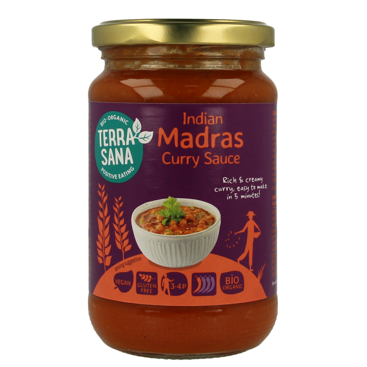 TerraSana Madras Curry Sauce in 350g jar, suitable for pasta and rice dishes, with a rich, spicy Indian flavor.