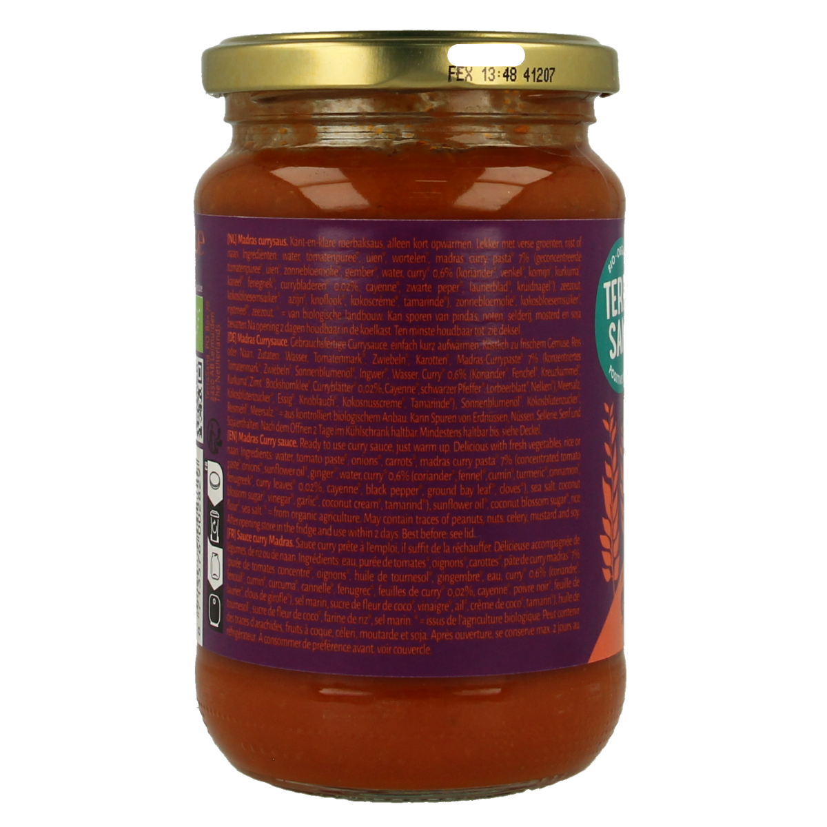 TerraSana bio Madras curry sauce in a 350g jar, perfect for pasta and rice dishes, with a rich, spicy appearance.