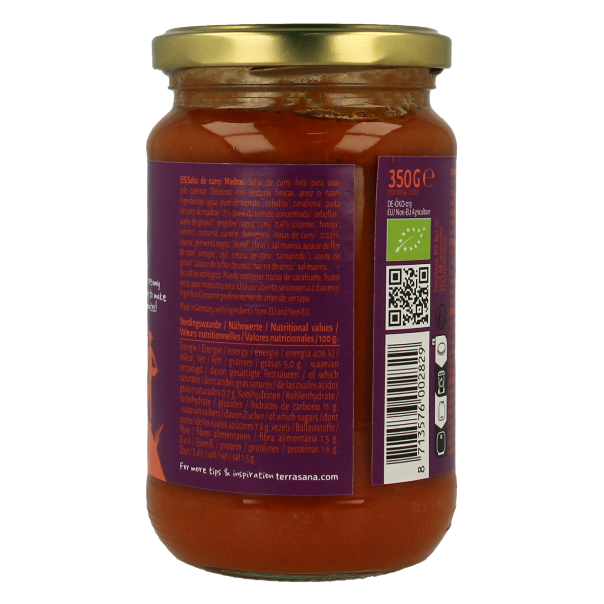 TerraSana Bio Madras Curry Sauce for pasta and rice, 350g, in a jar with label showing curry ingredients and brand logo.