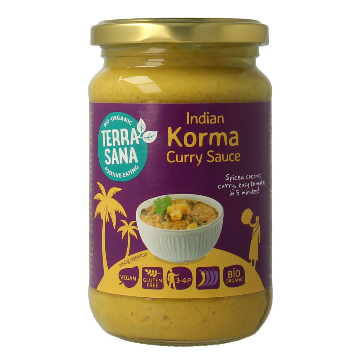 TerraSana Bio Korma Curry Sauce in 350g jar, featuring creamy texture and rich spice blend, ideal for pasta and rice dishes.