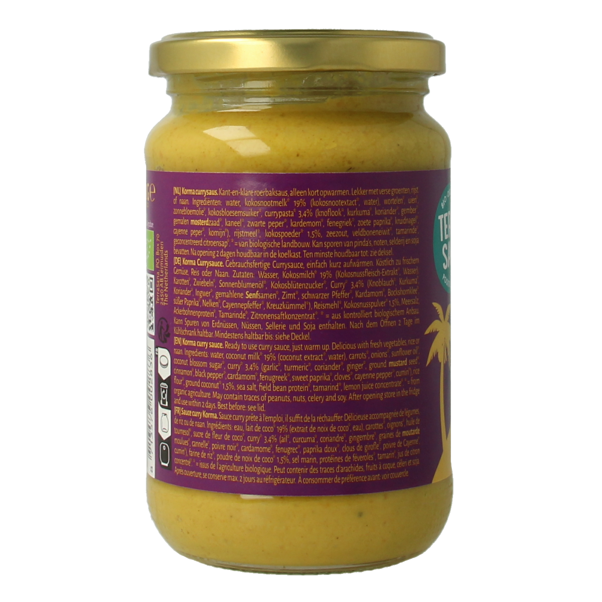 TerraSana Bio Korma Curry Sauce in 350g jar, showcasing the pasta and rice dish with rich, creamy curry sauce.