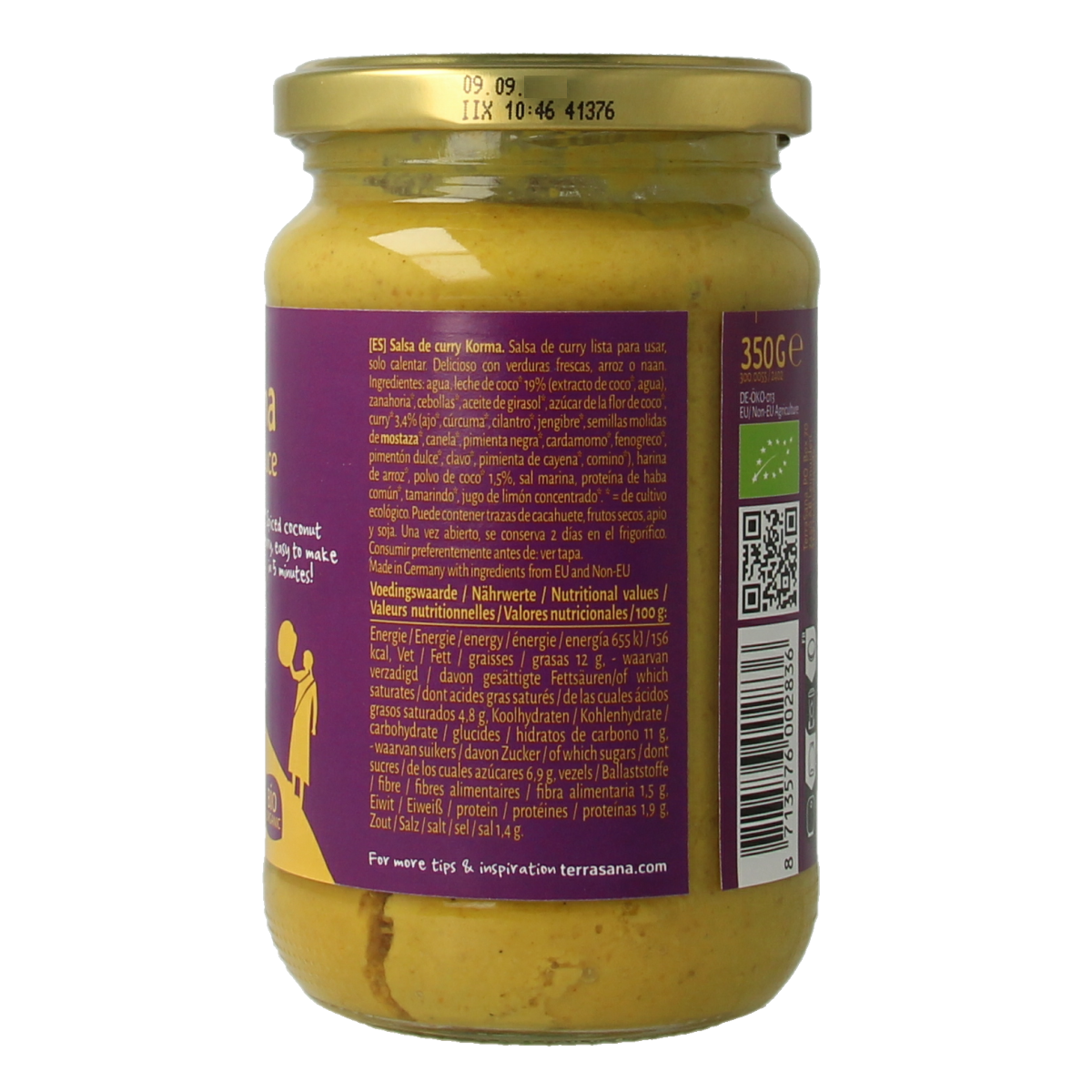 TerraSana organic curry sauce korma in a 350g jar, suitable for pasta and rice dishes, with label showing product details.