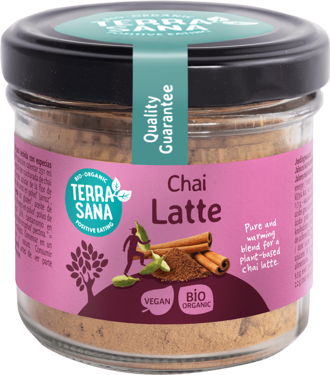 TerraSana Chai Latte bio in 120g package, showcasing the box with chai tea ingredients and branding.
