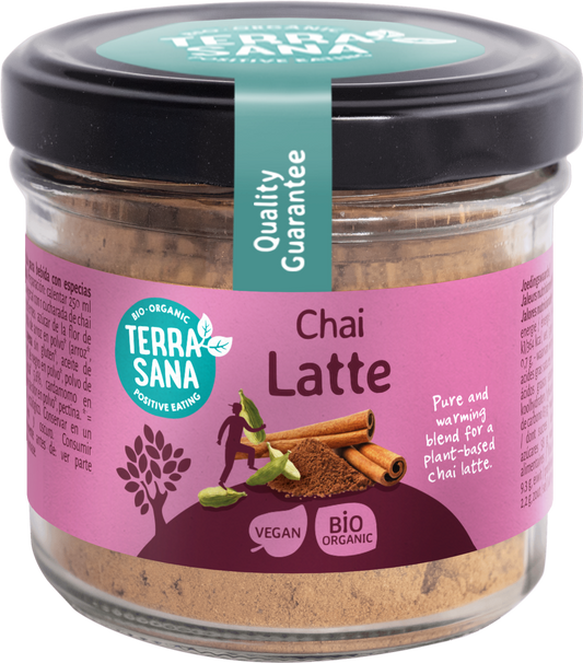 TerraSana Chai Latte bio in 120g package, showcasing the box with chai tea ingredients and branding.