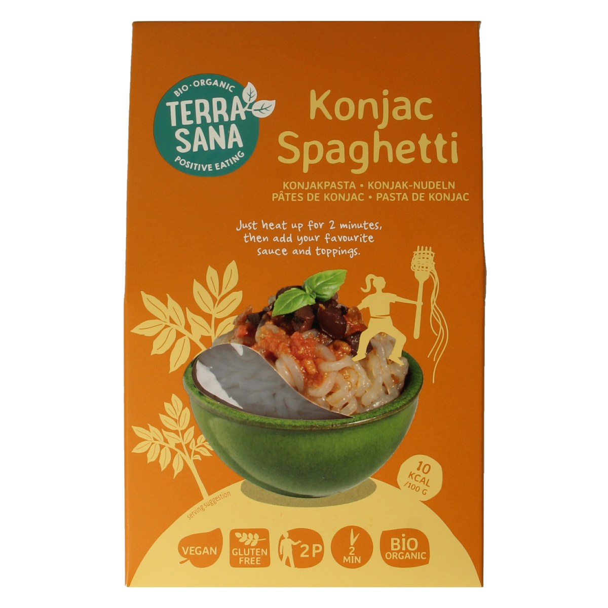 Organic TerraSana konjac spaghetti rice pasta in a clear bowl, showcasing the thin, translucent noodles on a white background.