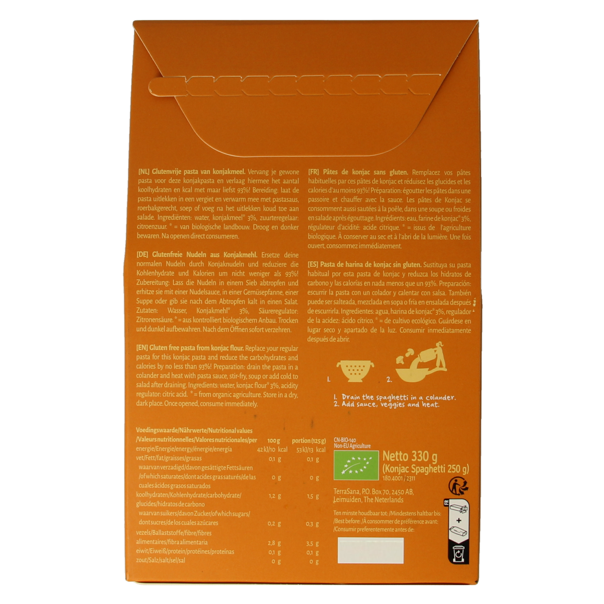 Organic TerraSana Konjac spaghetti in a 250g package, showcasing the transparent bag with the thin, clear konjac rice pasta inside.