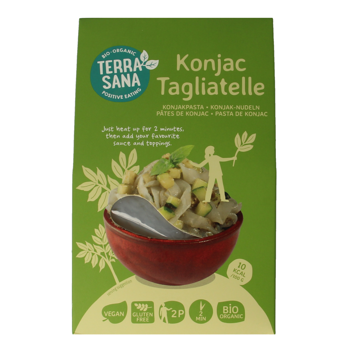 TerraSana organic konjac tagliatelle rice pasta in a bowl, showcasing the thin, noodle-like shape and natural color.