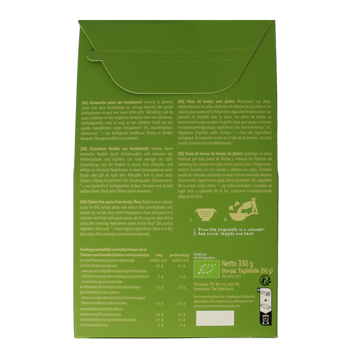 Organic TerraSana Konjac tagliatelle rice pasta in a clear package, showcasing the long, thin, light-colored noodles.