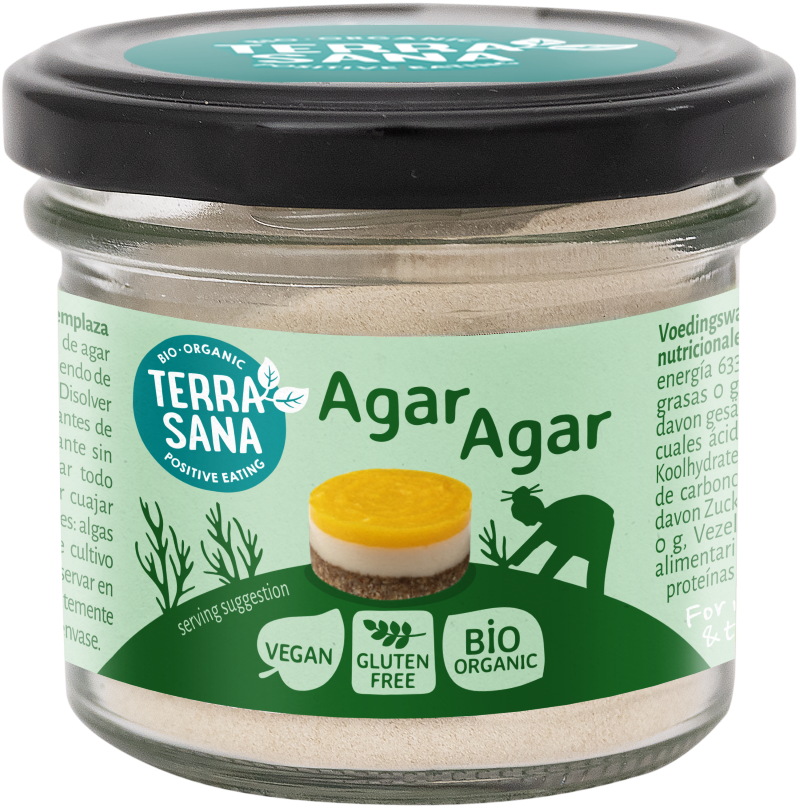 TerraSana organic agar agar powder in 50g package, natural vegan thickening agent for baking and cooking.