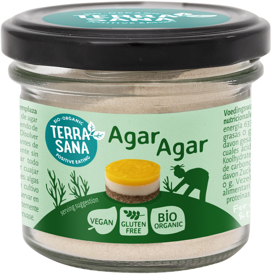 TerraSana organic agar agar powder in 50g package, natural vegan thickening agent for baking and cooking.