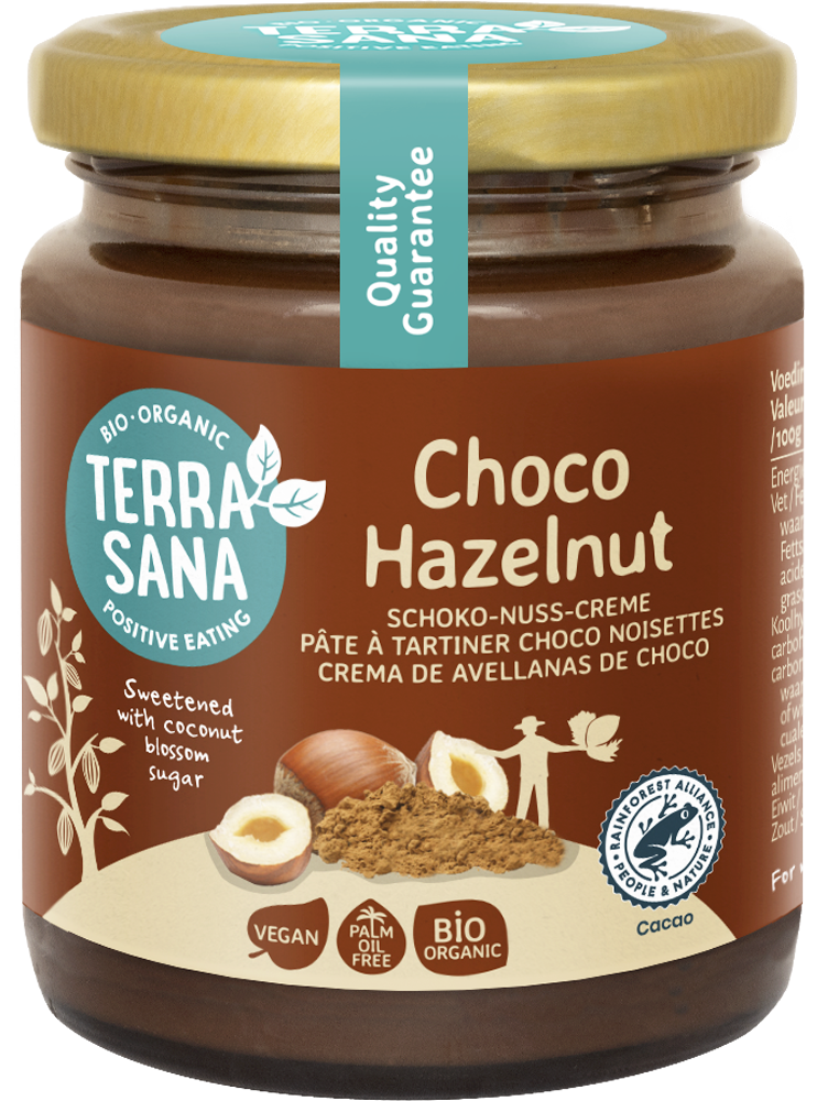 Organic TerraSana Choco Hazelnut Spread on bread, showing a jar with chocolate hazelnut spread and a slice of bread with spread.