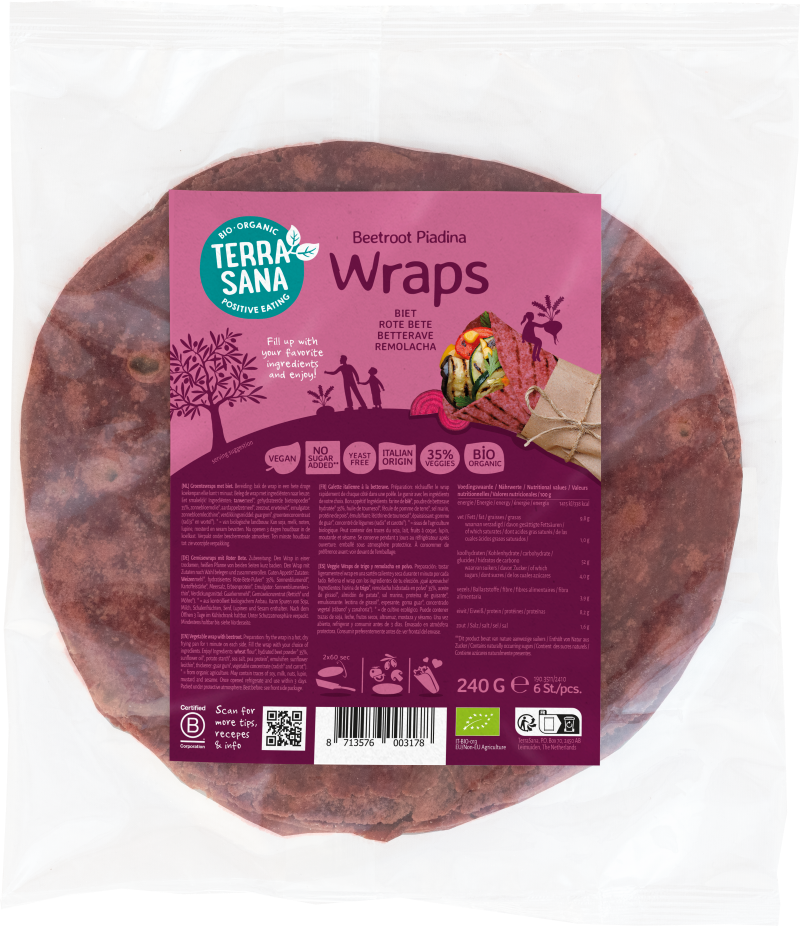 TerraSana bio biet groentewrap for pizza and wraps, 240 grams, fresh vegetable wrap in packaging.
