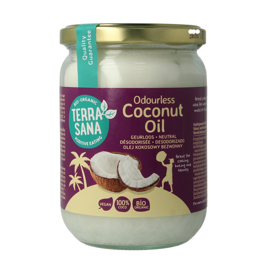 Unrefined, odorless organic coconut oil bottle by TerraSana in a 500ml container, suitable for cooking and skincare.