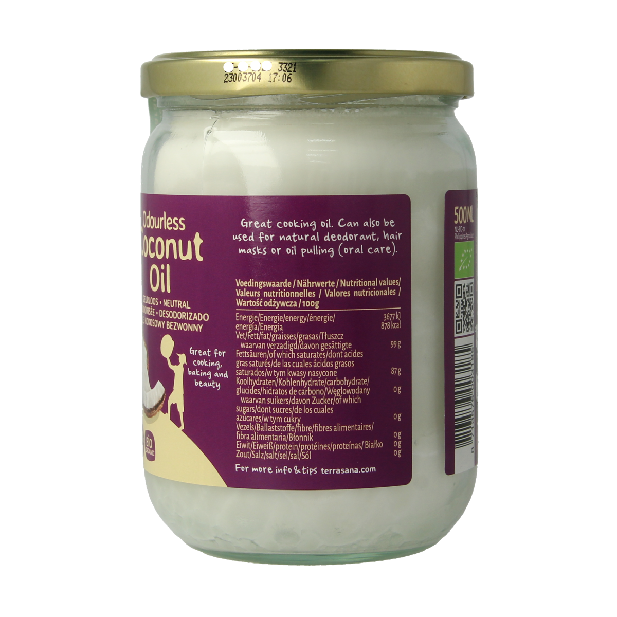 Unlabeled bottle of TerraSana bio, odorless coconut oil in a 500 ml container, suitable for cooking and skincare.
