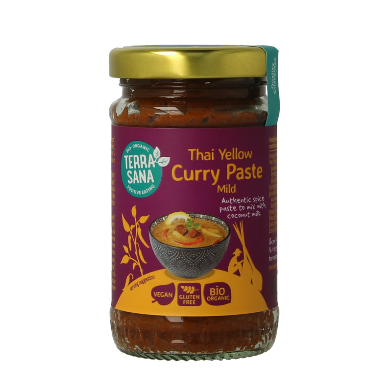 Organic TerraSana Thai yellow curry paste in a 120g jar, featuring a vibrant yellow color and fresh herbal ingredients.