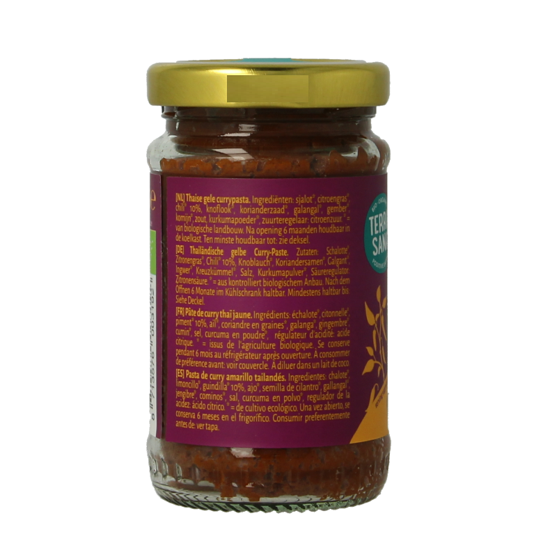 TerraSana Thai yellow curry paste in a 120g jar, organic Thai spice and seasoning blend for cooking flavorful Thai dishes.