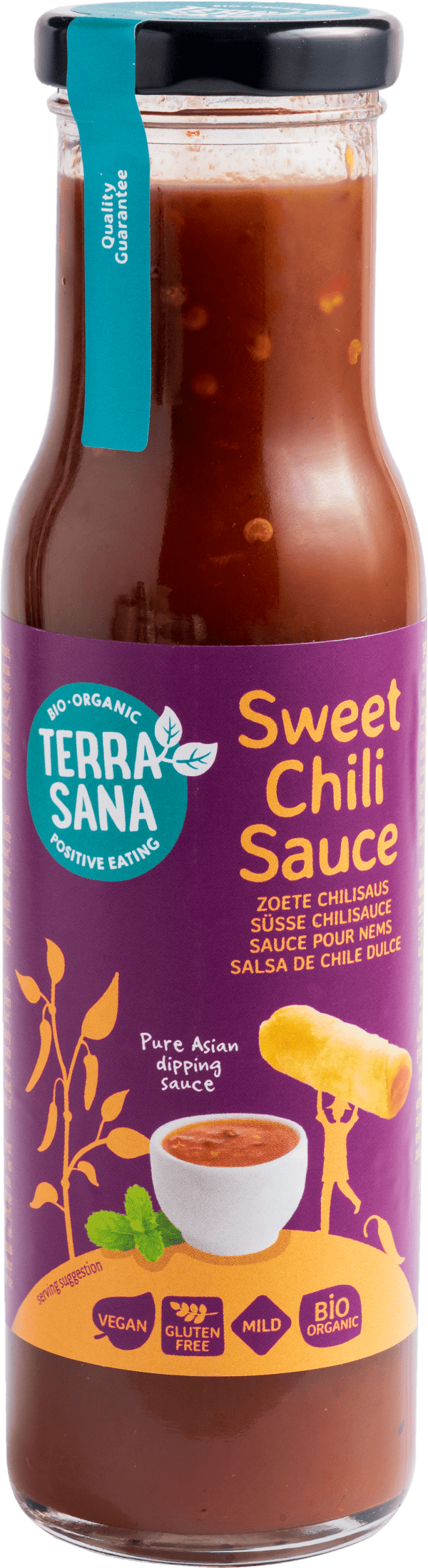 TerraSana bio sweet chili sauce in a 250ml bottle, featuring vibrant red chili peppers and a glossy sauce texture.