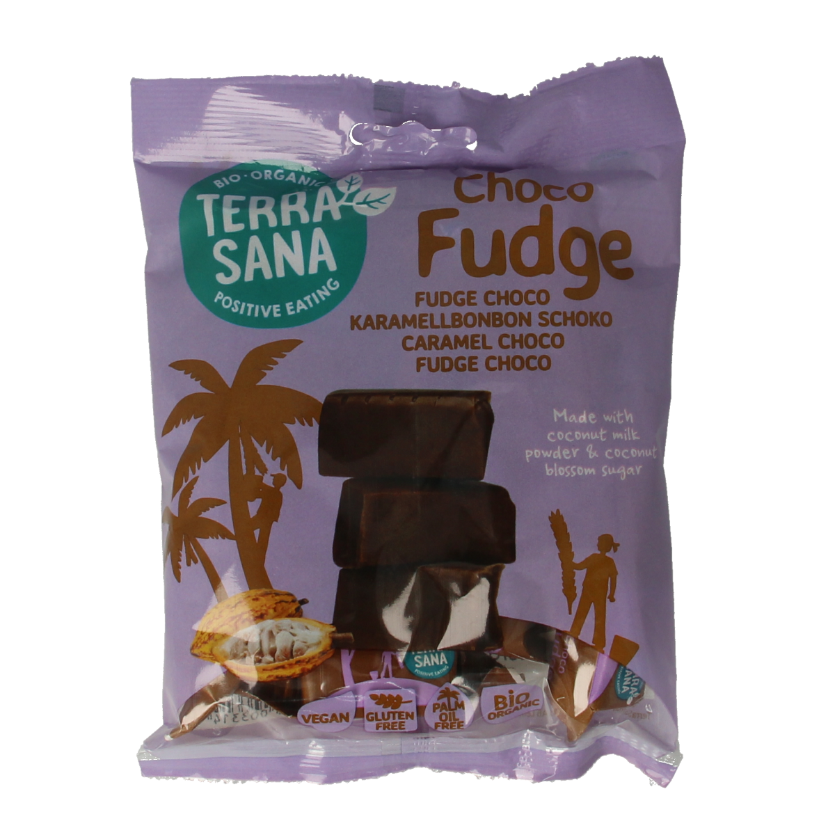 TerraSana Fudge chocolade bio, 150g, organic Belgian chocolate fudge in a detailed close-up image.