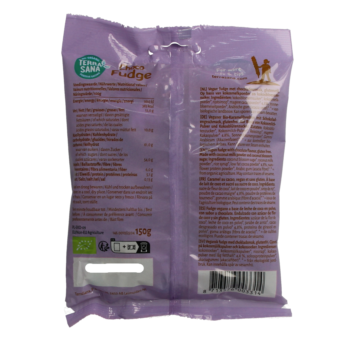 TerraSana bio fudge chocolade snoepgoed, 150g, featuring rich, smooth chocolate with a natural, organic appearance.
