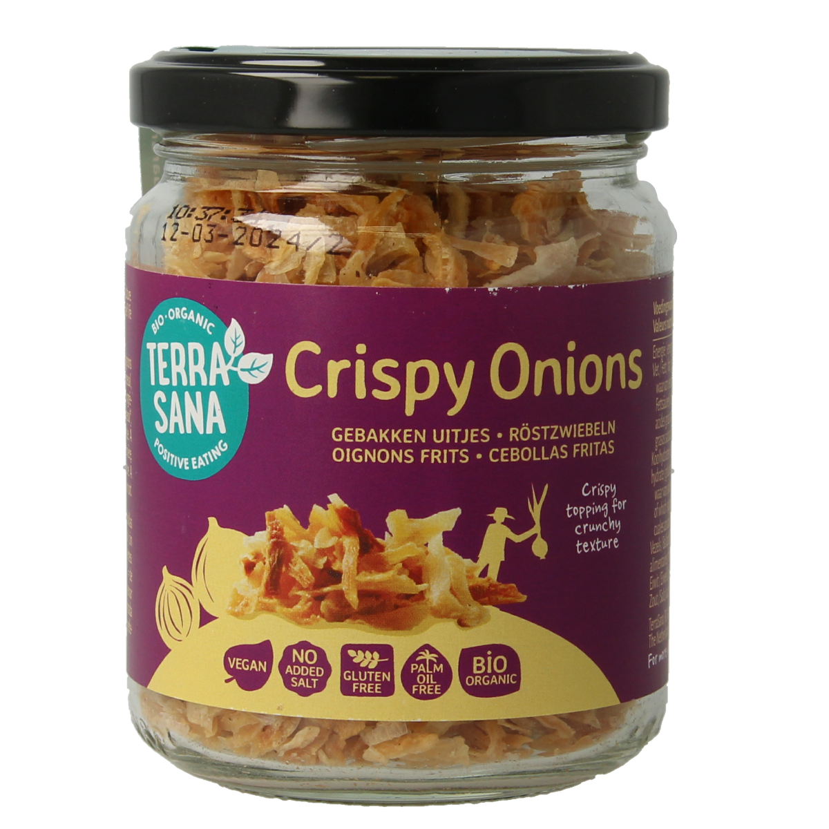 TerraSana Indonesische gebakken uitjes bio in 75g package, shown in a clear image with product details visible.