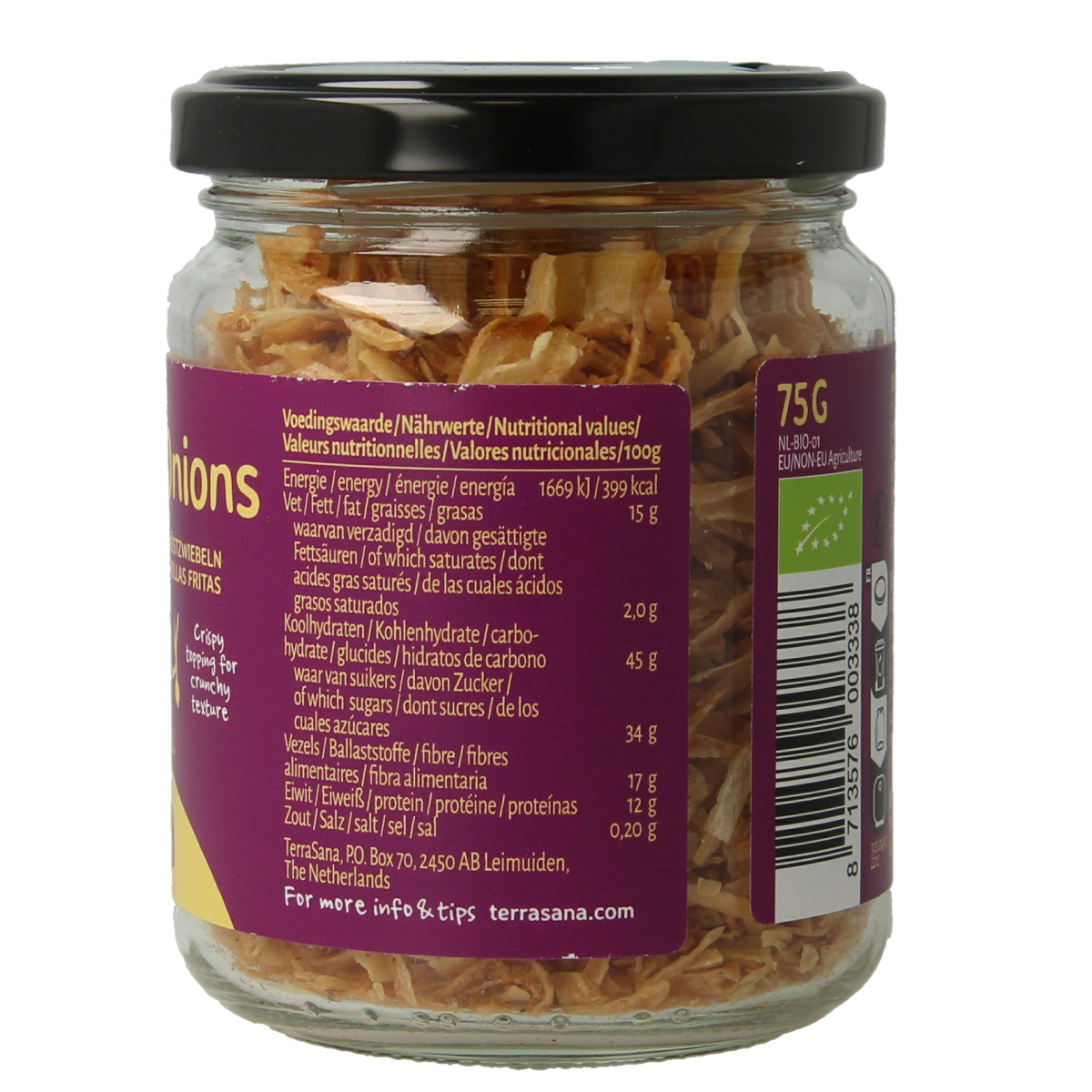 TerraSana Indonesische gebakken uitjes bio in 75g package, shown in a clear image with label and product details.