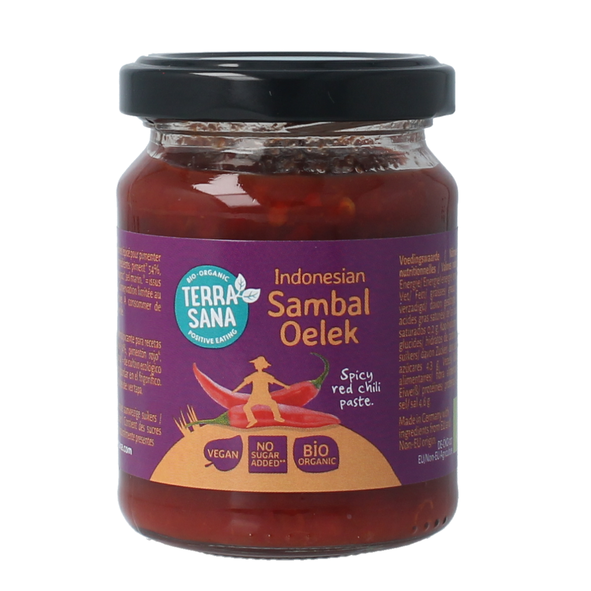 TerraSana Bio Sambal Oelek sauce in 90g jar, vibrant red chili paste for cooking and flavoring dishes.