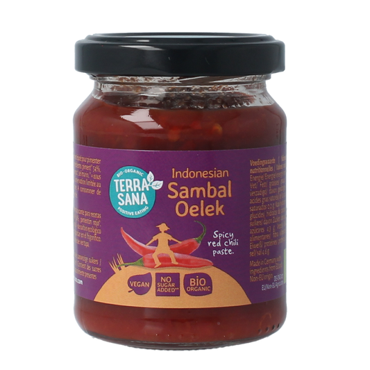 TerraSana Bio Sambal Oelek sauce in 90g jar, vibrant red chili paste for cooking and flavoring dishes.