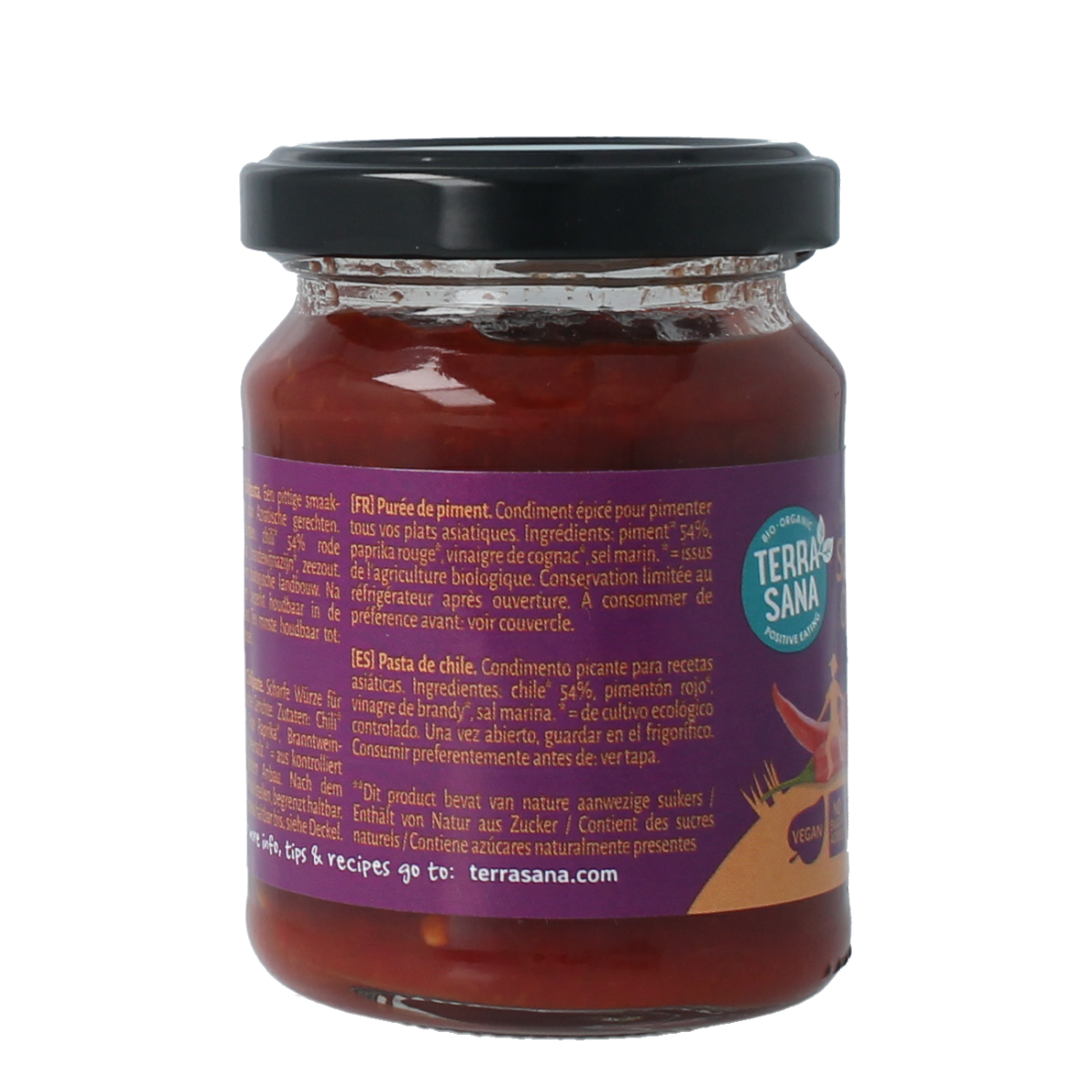 TerraSana Sambal Oelek bio sauce in 90g jar, spicy chili paste with fresh red chili peppers and garlic.