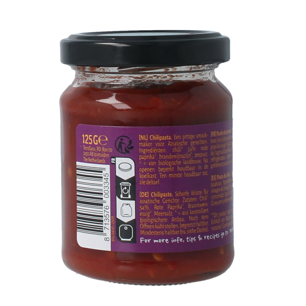 TerraSana Bio Sambal Oelek sauce in 90g jar, spicy chili paste with fresh red chili peppers and garlic.