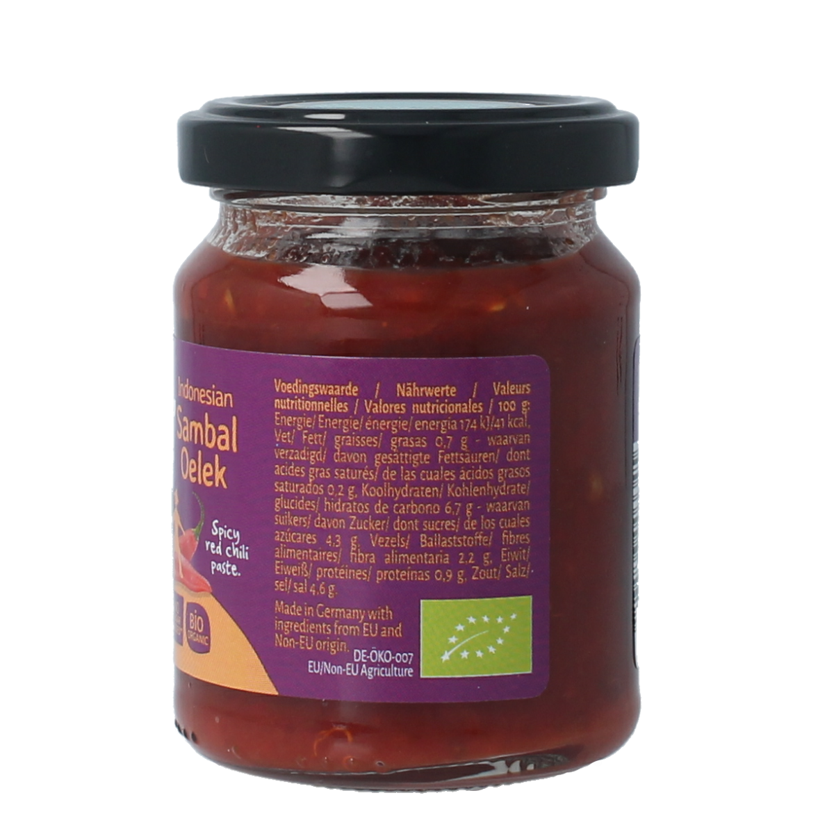 TerraSana Sambal Oelek bio in 90g jar, showing vibrant red chili paste as a natural, organic sauce and flavor enhancer.