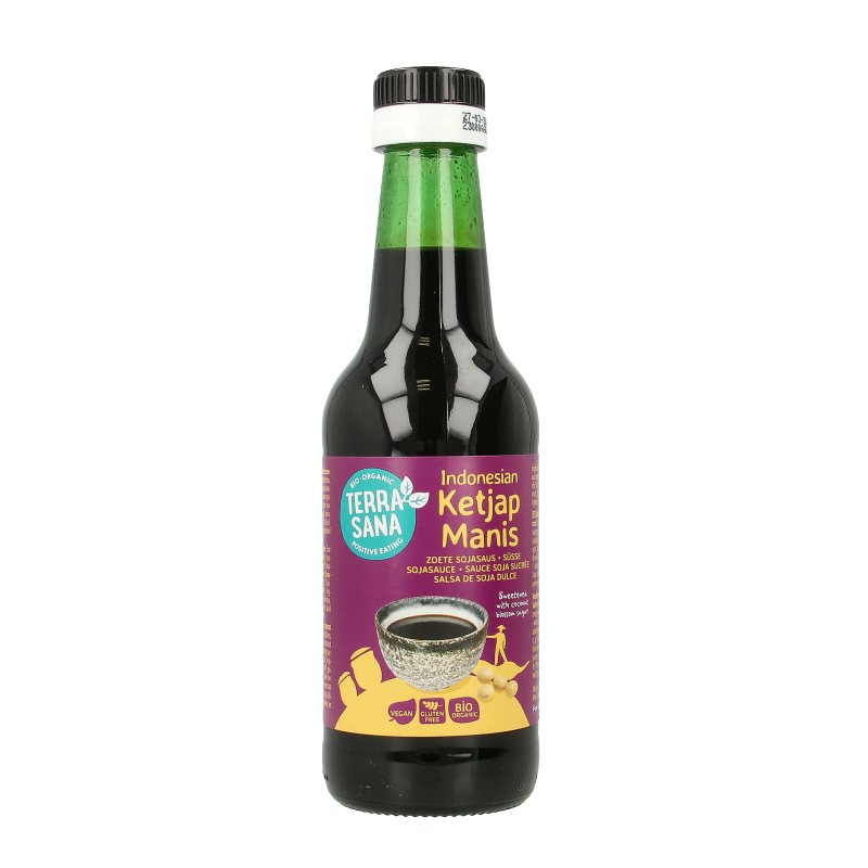 TerraSana Indonesische ketjap manis bio in 250ml bottle, dark soy sauce with a label showing Indonesian ingredients and brand logo.