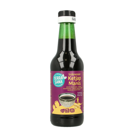 TerraSana Indonesische ketjap manis bio in 250ml bottle, dark soy sauce with a label showing Indonesian ingredients and brand logo.