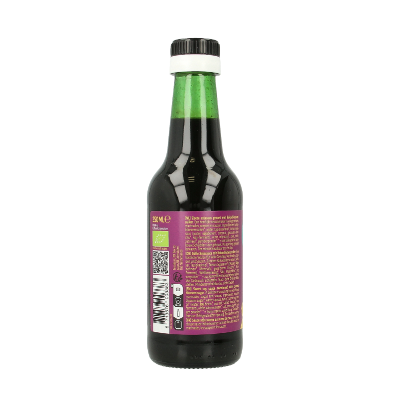 TerraSana Indonesische ketjap manis biologische saus in 250ml bottle, showcasing the dark, sweet soy sauce in a glass container.