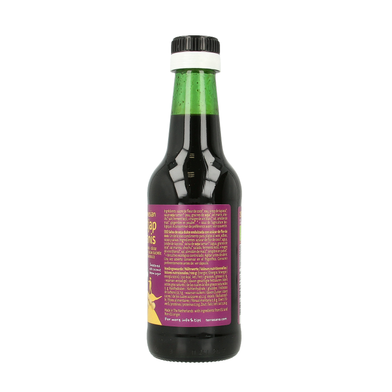 TerraSana Indonesische ketjap manis bio in 250ml bottle, a sweet soy sauce used as a flavoring in sauces and stir-fries.