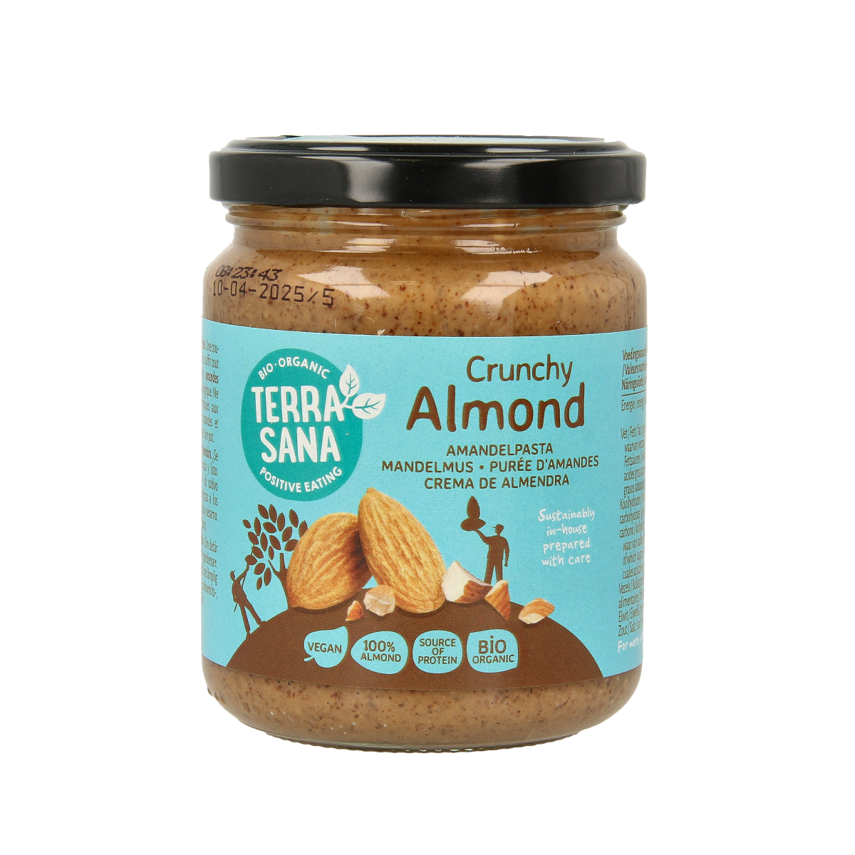 Crunchy organic almond butter spread by TerraSana on whole grain bread, showing the jar and spread texture.