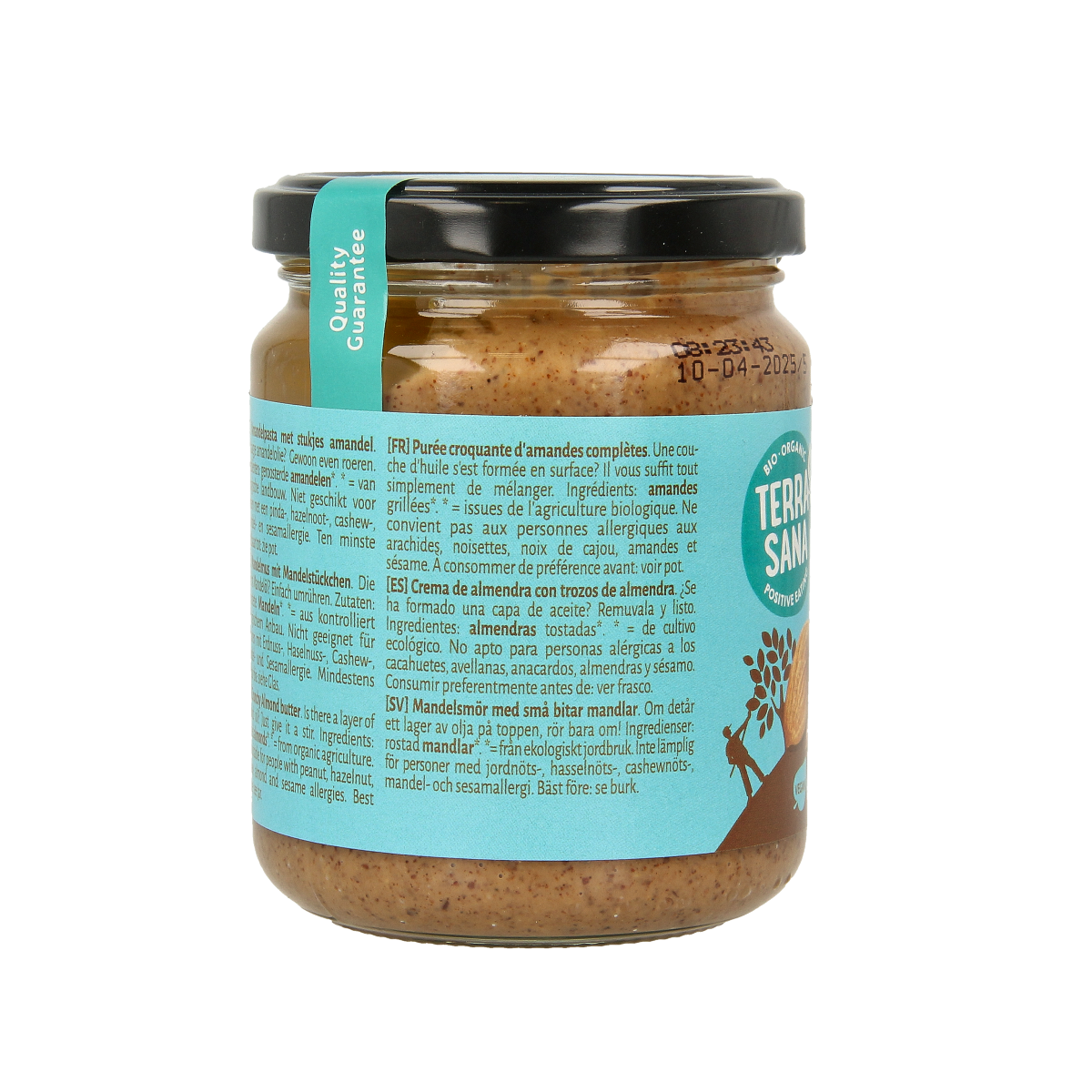 Crunchy organic almond spread from TerraSana in a jar, showing the brown almond paste texture for bread or snacks.