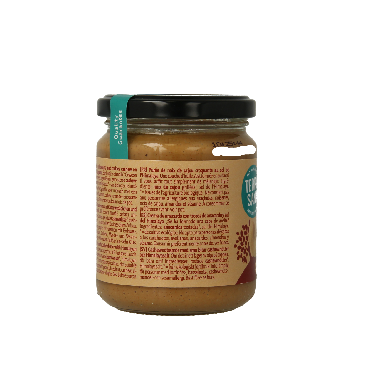 Crunchy TerraSana Cashewpasta with Himalayan salt spread on bread, 250g, organic nut butter for breakfast or snacks.