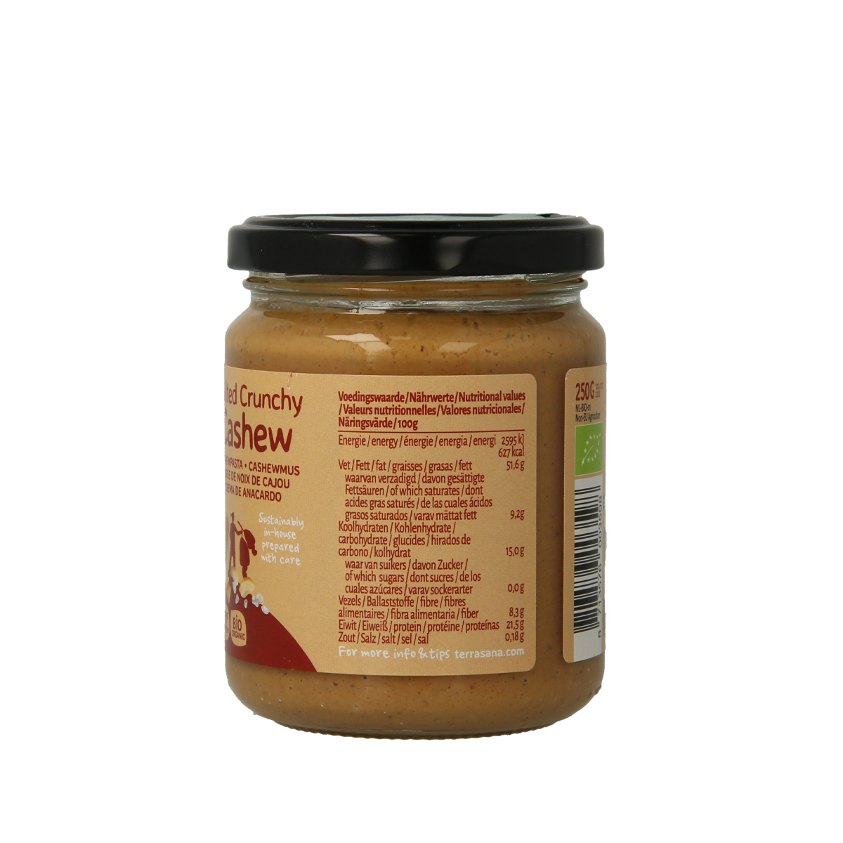 Crunchy TerraSana Cashewpasta with Himalayan salt spread on bread, 250g, organic nut butter for breakfast or snacks.