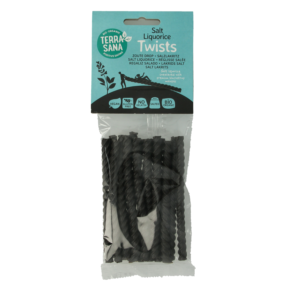 TerraSana Zoute Drop Kabels Twist bio snack, 100g, showing twisted salty licorice candies in a clear package.