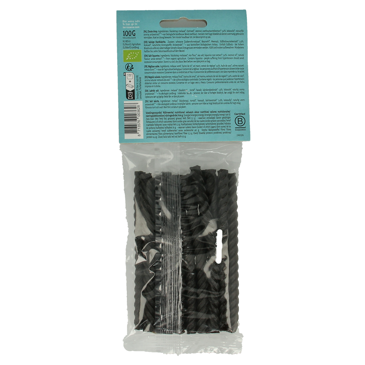 TerraSana Zoute Drop Kabels Twist bio snack in 100g package, showing twisted salted licorice candies.