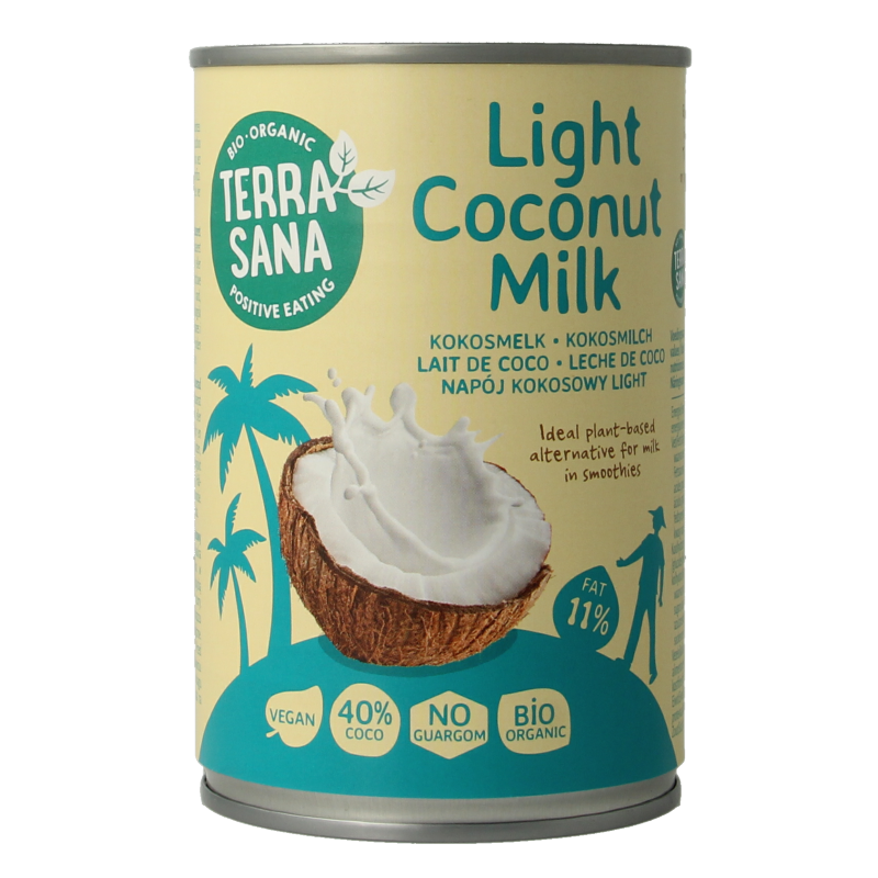 TerraSana light organic coconut milk bottle from the Sauzen en Smaakmakers category, 400ml, with label and cap visible.